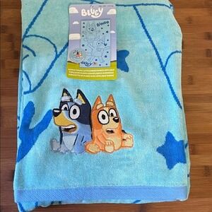 Bluey Bingo Kids Beach Towel Embroidered Applique 100% Cotton Blue 34x63 NEW